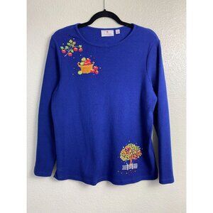Quacker Factory Apple Embroidered Blue Waffle Sweater Top Women Size Medium Fall